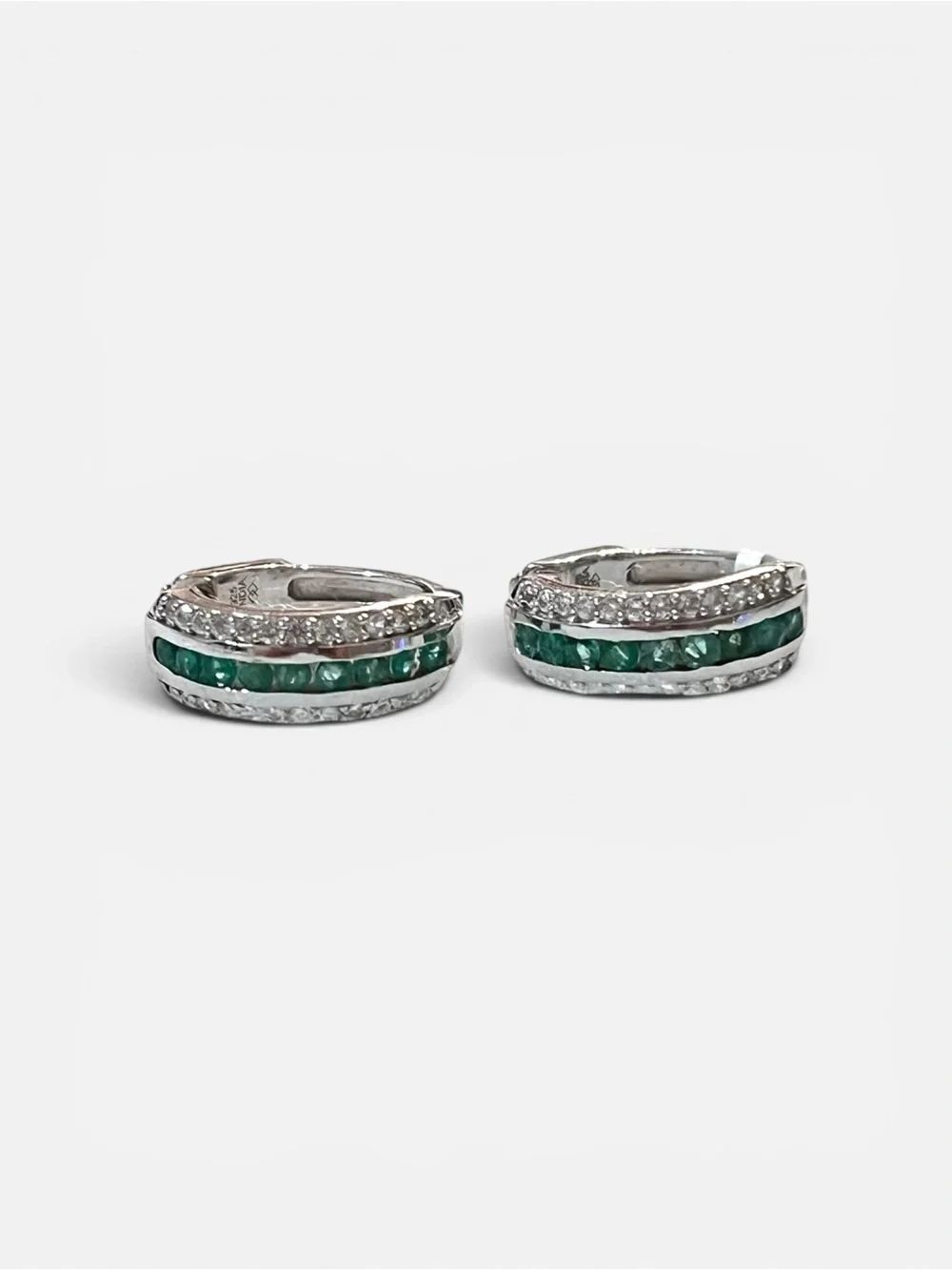 Rhodium Plated Sterling Silver Genuine Emerald Channel Set Huggie Earrings